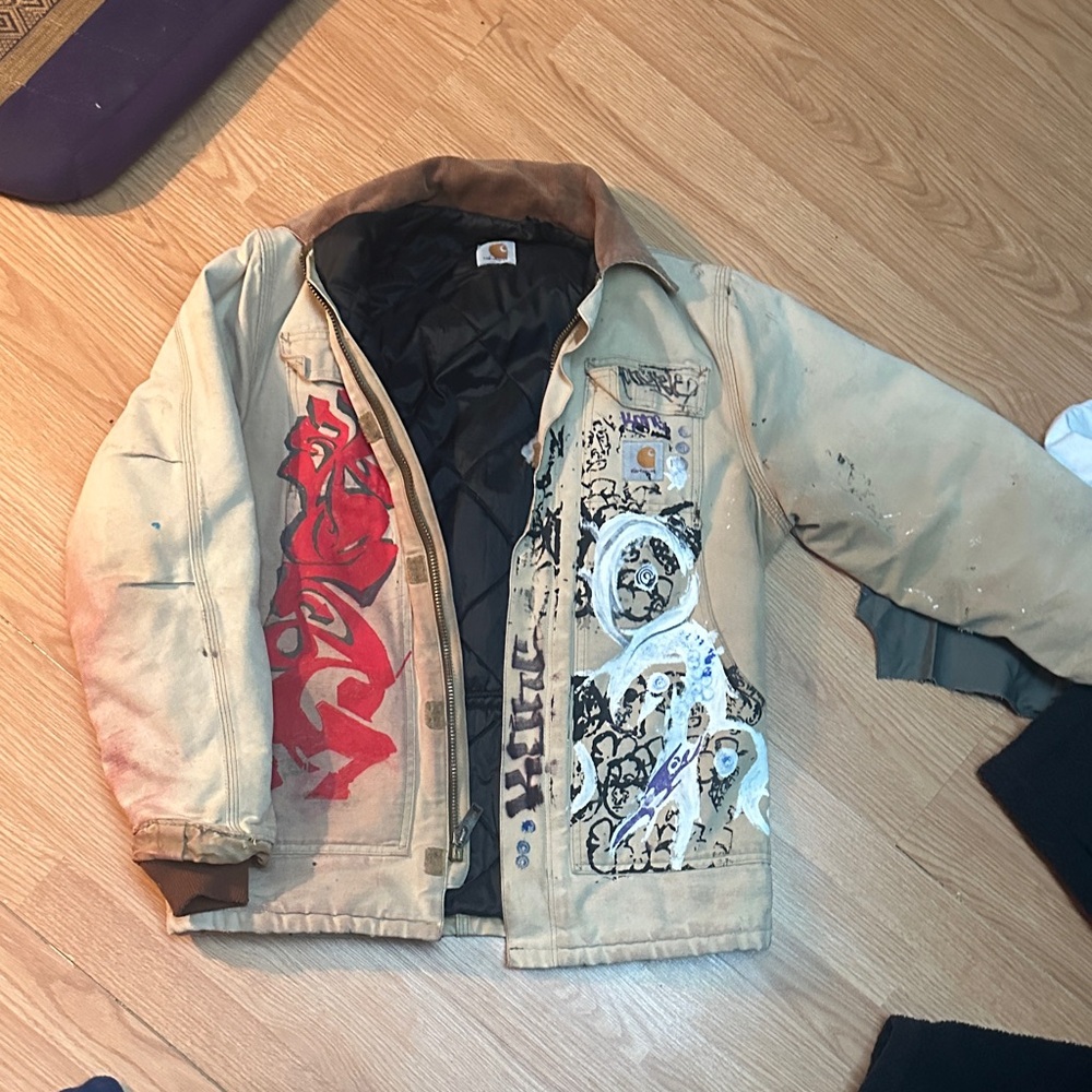 Carhartt Beige Detroit jacket Jacket brown corduroy collar with custom art